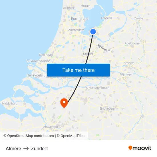 Almere to Zundert map