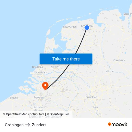 Groningen to Zundert map
