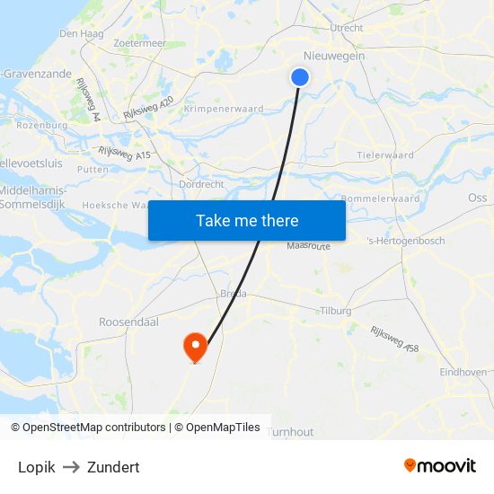 Lopik to Zundert map