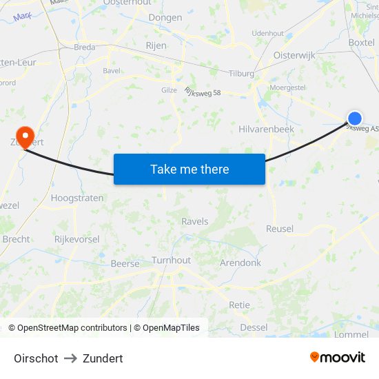 Oirschot to Zundert map