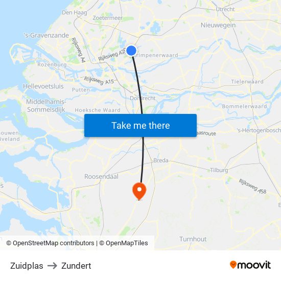 Zuidplas to Zundert map