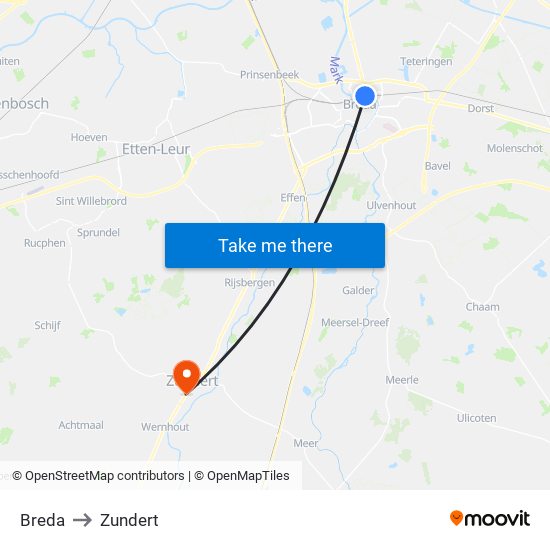 Breda to Zundert map