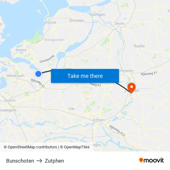 Bunschoten to Zutphen map