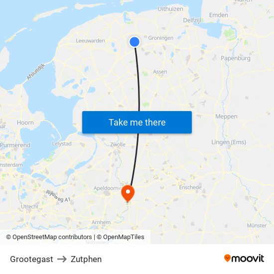 Grootegast to Zutphen map