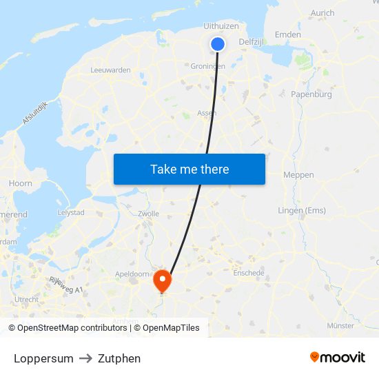 Loppersum to Zutphen map