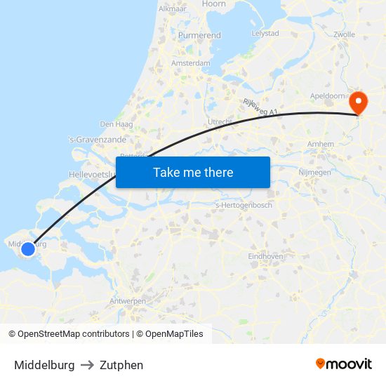 Middelburg to Zutphen map