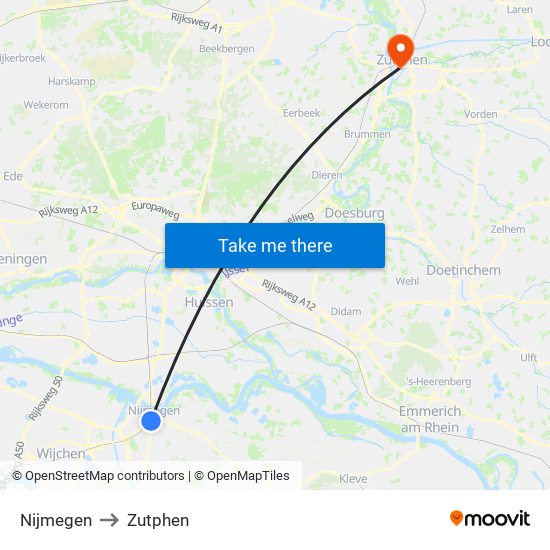 Nijmegen to Zutphen map
