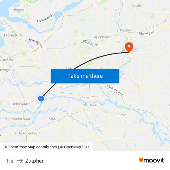Tiel to Zutphen map