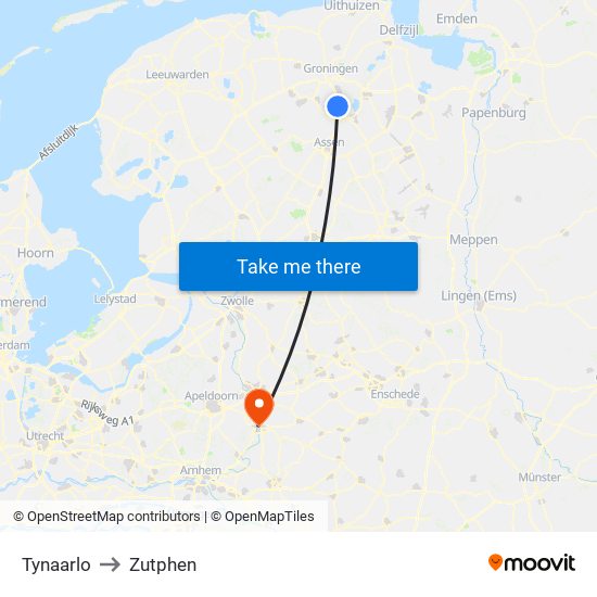 Tynaarlo to Zutphen map