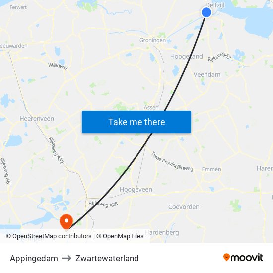 Appingedam to Zwartewaterland map