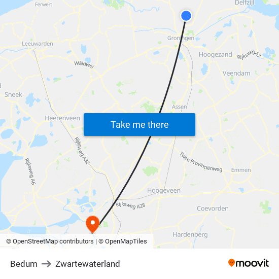 Bedum to Zwartewaterland map