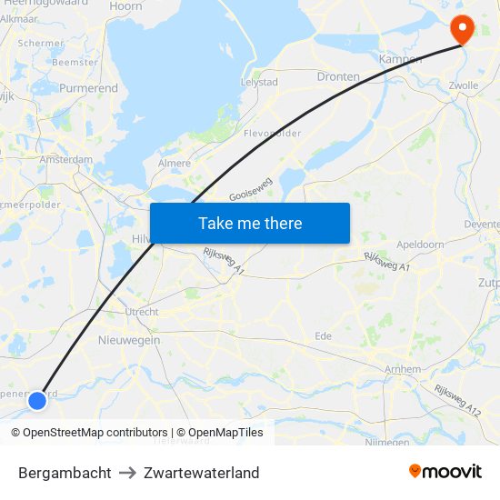 Bergambacht to Zwartewaterland map