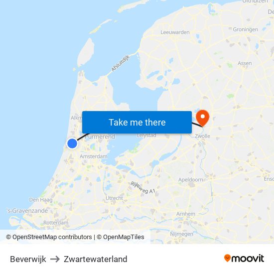 Beverwijk to Zwartewaterland map
