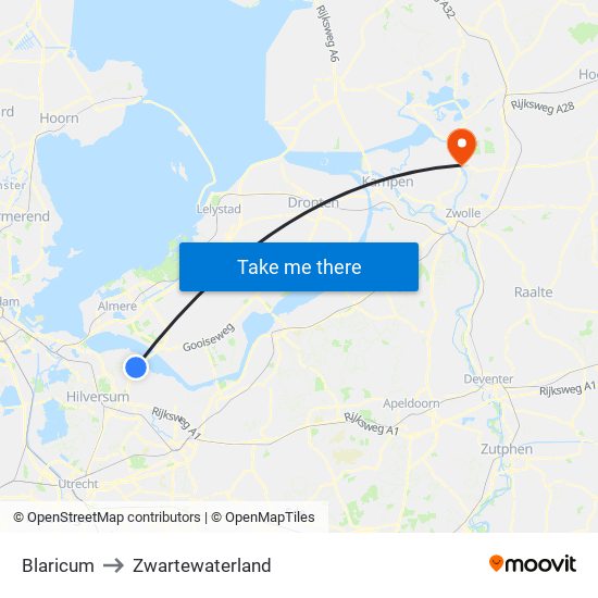 Blaricum to Zwartewaterland map