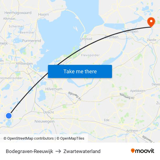 Bodegraven-Reeuwijk to Zwartewaterland map