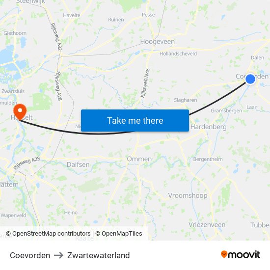 Coevorden to Zwartewaterland map