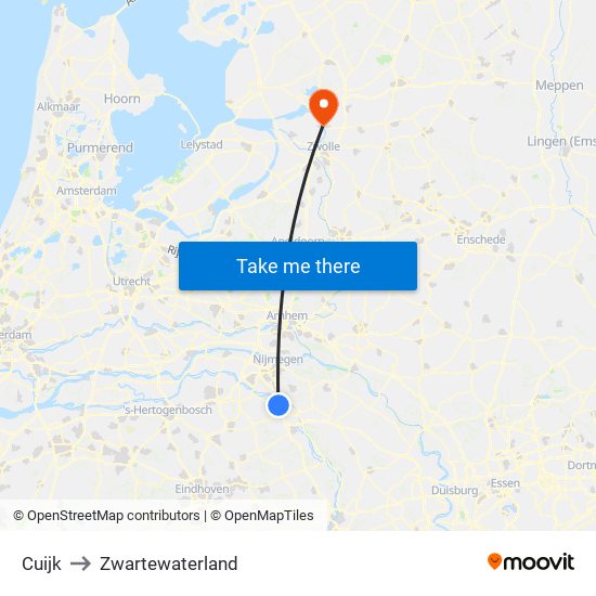 Cuijk to Zwartewaterland map
