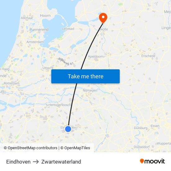 Eindhoven to Zwartewaterland map
