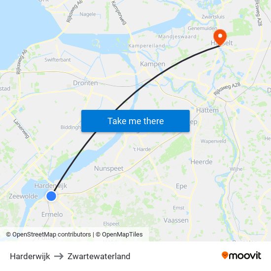Harderwijk to Zwartewaterland map