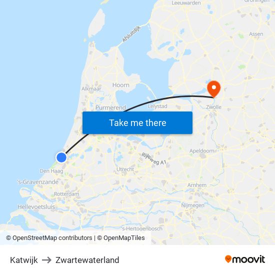 Katwijk to Zwartewaterland map