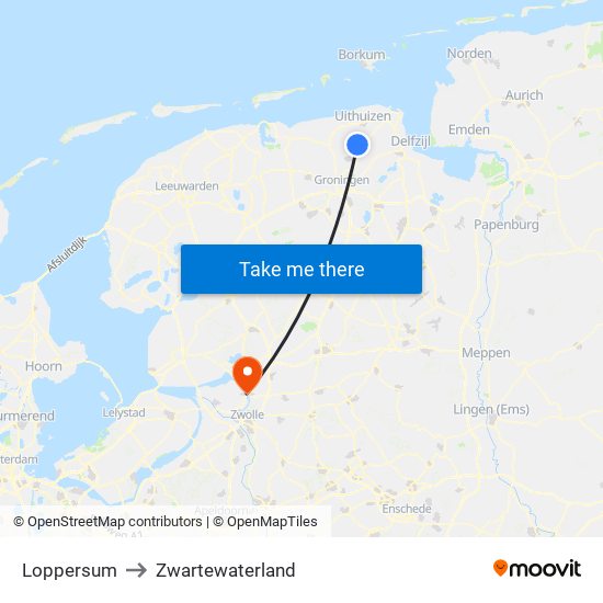 Loppersum to Zwartewaterland map