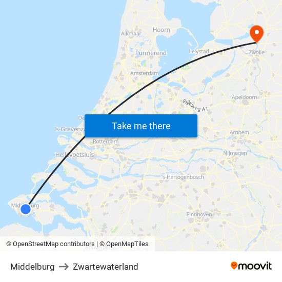 Middelburg to Zwartewaterland map