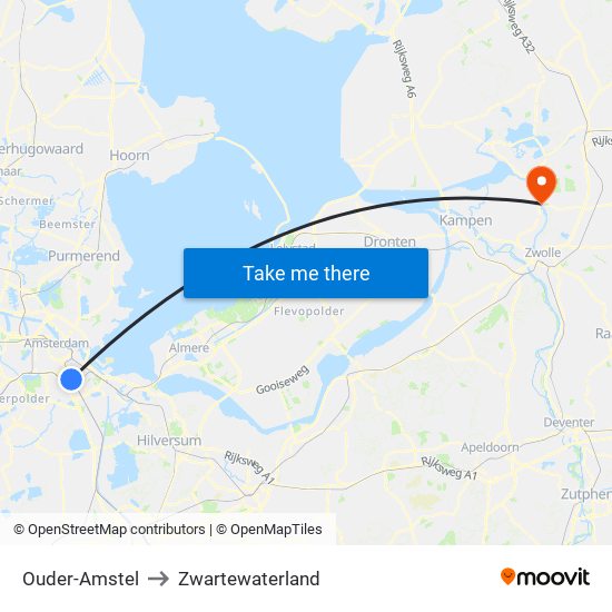 Ouder-Amstel to Zwartewaterland map