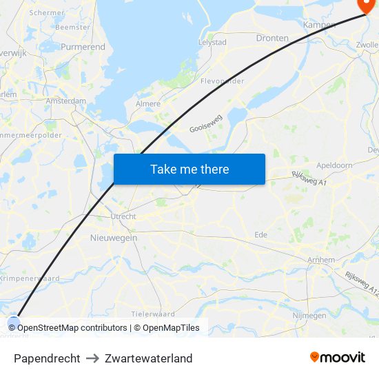 Papendrecht to Zwartewaterland map