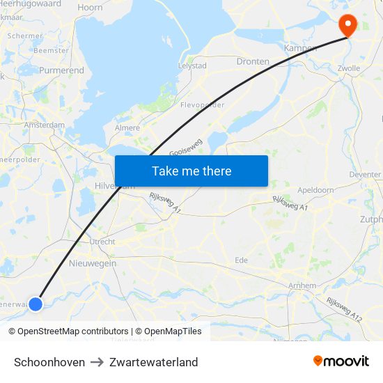 Schoonhoven to Zwartewaterland map