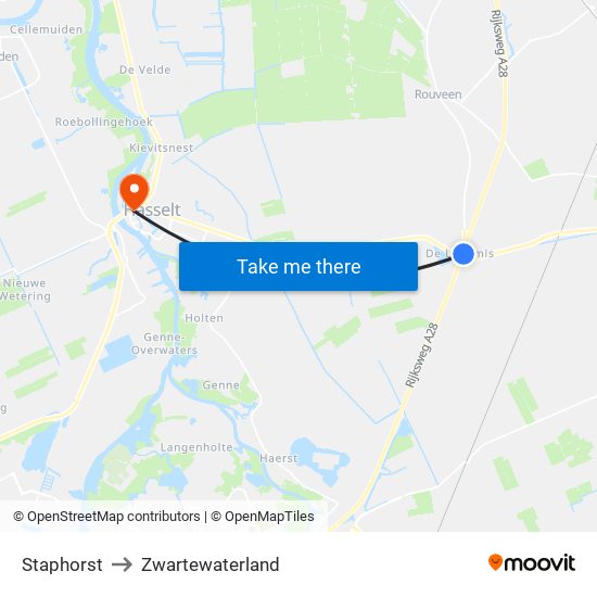 Staphorst to Zwartewaterland map