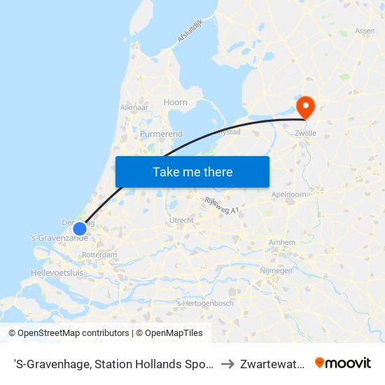 'S-Gravenhage, Station Hollands Spoor (Perron A) to Zwartewaterland map