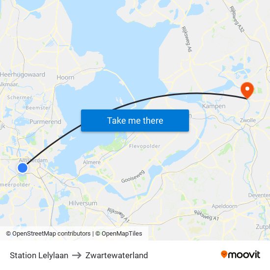 Station Lelylaan to Zwartewaterland map