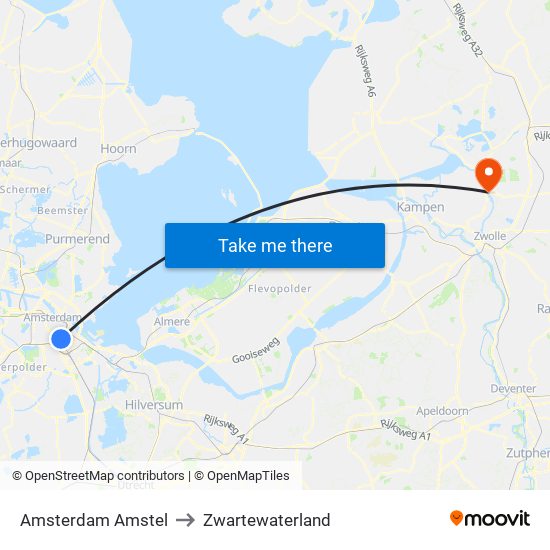 Amsterdam Amstel to Zwartewaterland map