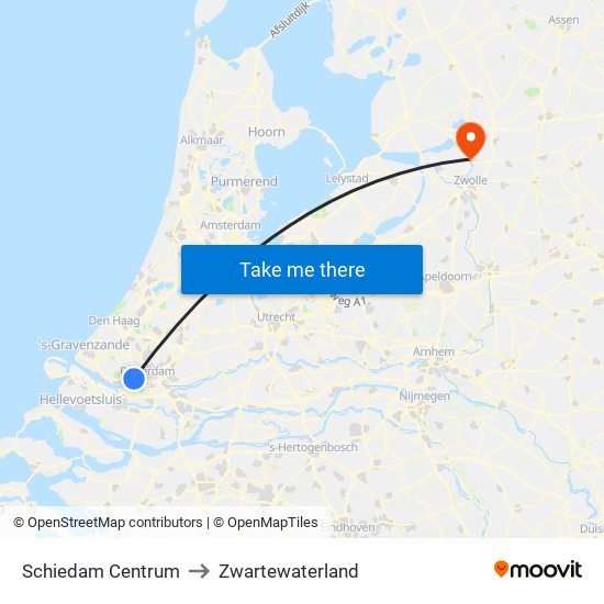 Schiedam Centrum to Zwartewaterland map