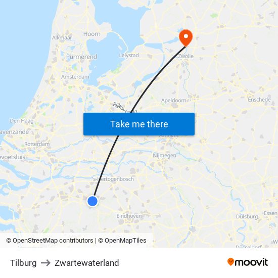 Tilburg to Zwartewaterland map