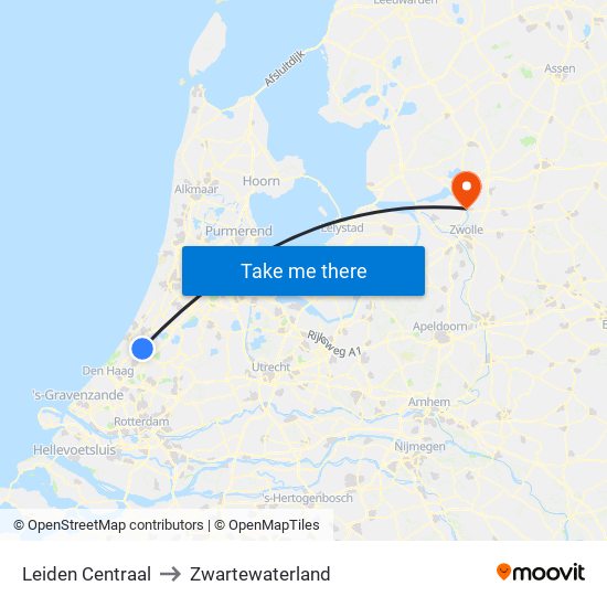 Leiden Centraal to Zwartewaterland map