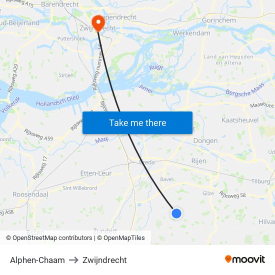 Alphen-Chaam to Zwijndrecht map