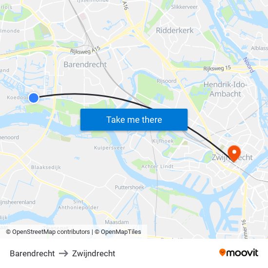 Barendrecht to Zwijndrecht map