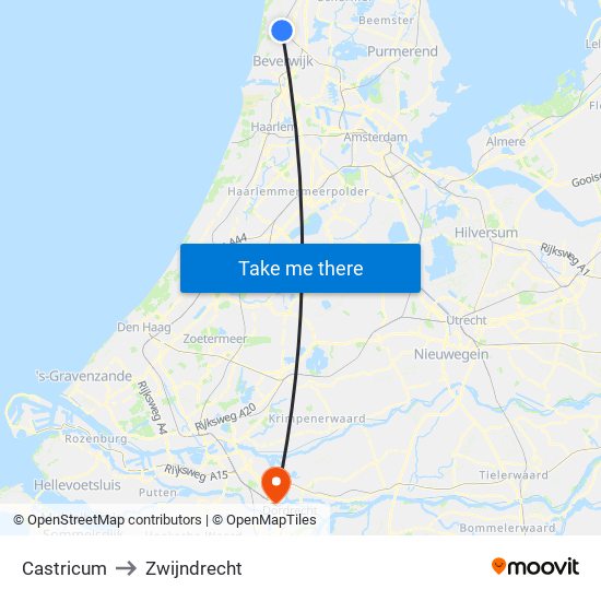 Castricum to Zwijndrecht map