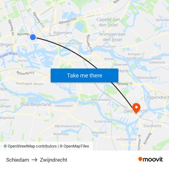Schiedam to Zwijndrecht map