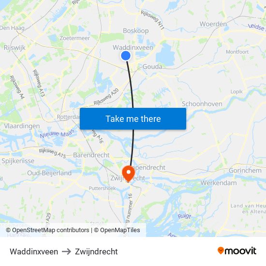 Waddinxveen to Zwijndrecht map