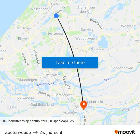 Zoeterwoude to Zwijndrecht map