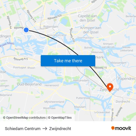 Schiedam Centrum to Zwijndrecht map