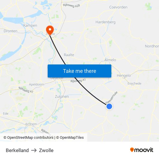 Berkelland to Zwolle map