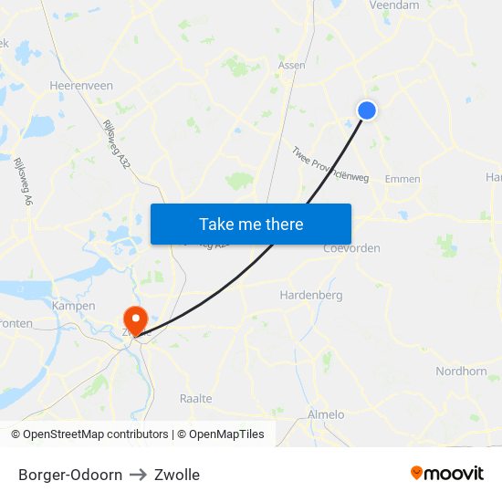 Borger-Odoorn to Zwolle map