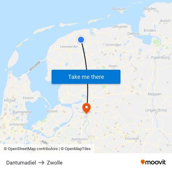 Dantumadiel to Zwolle map
