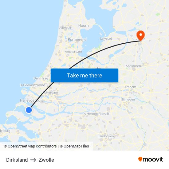 Dirksland to Zwolle map