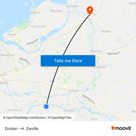 Druten to Zwolle map
