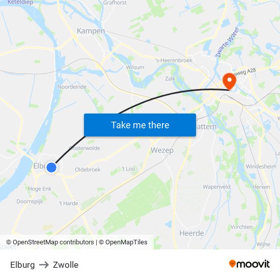 Elburg to Zwolle map