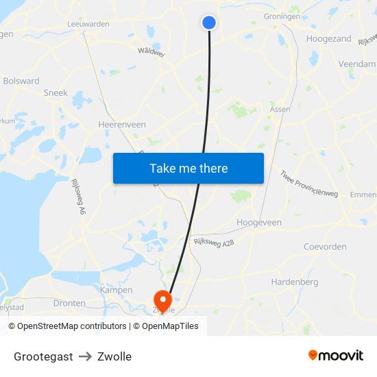 Grootegast to Zwolle map